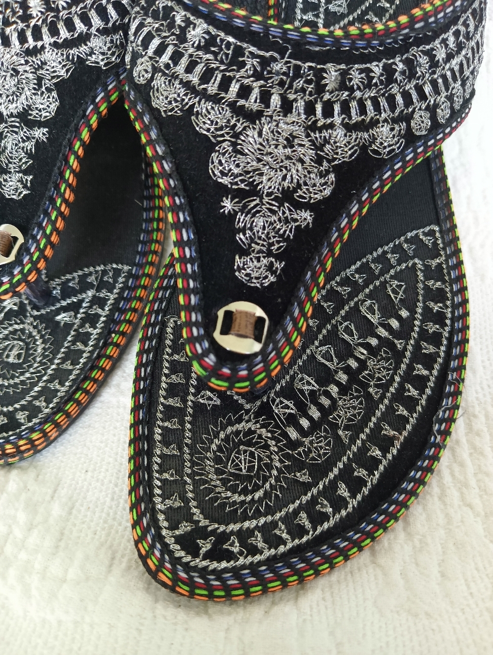 Rajasthani Embroidered Black Thong Sandals Flats Silver Metallic Indian Boho - Picture 4 of 12
